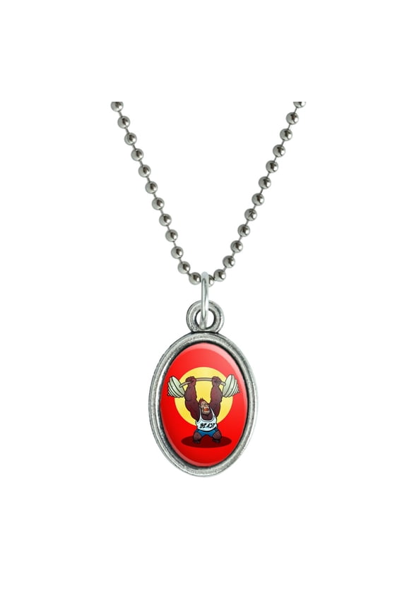 Gym Beast Lifting Weights Weightlifting Strength Training Antiqued Oval Charm Pendant with Chain