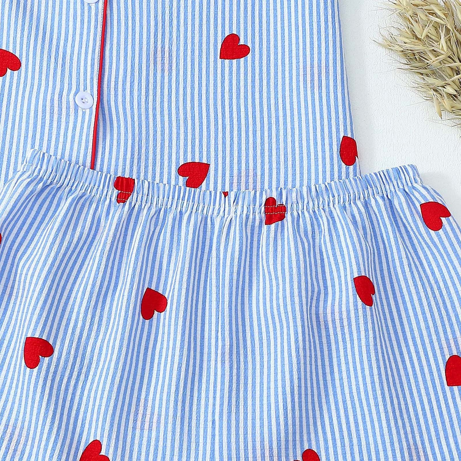 PNTUTB Women's Fashion Striped Heart Print Collared Button Pocket Short Sleeve Top with Elastic Waist Shorts Pajama Set