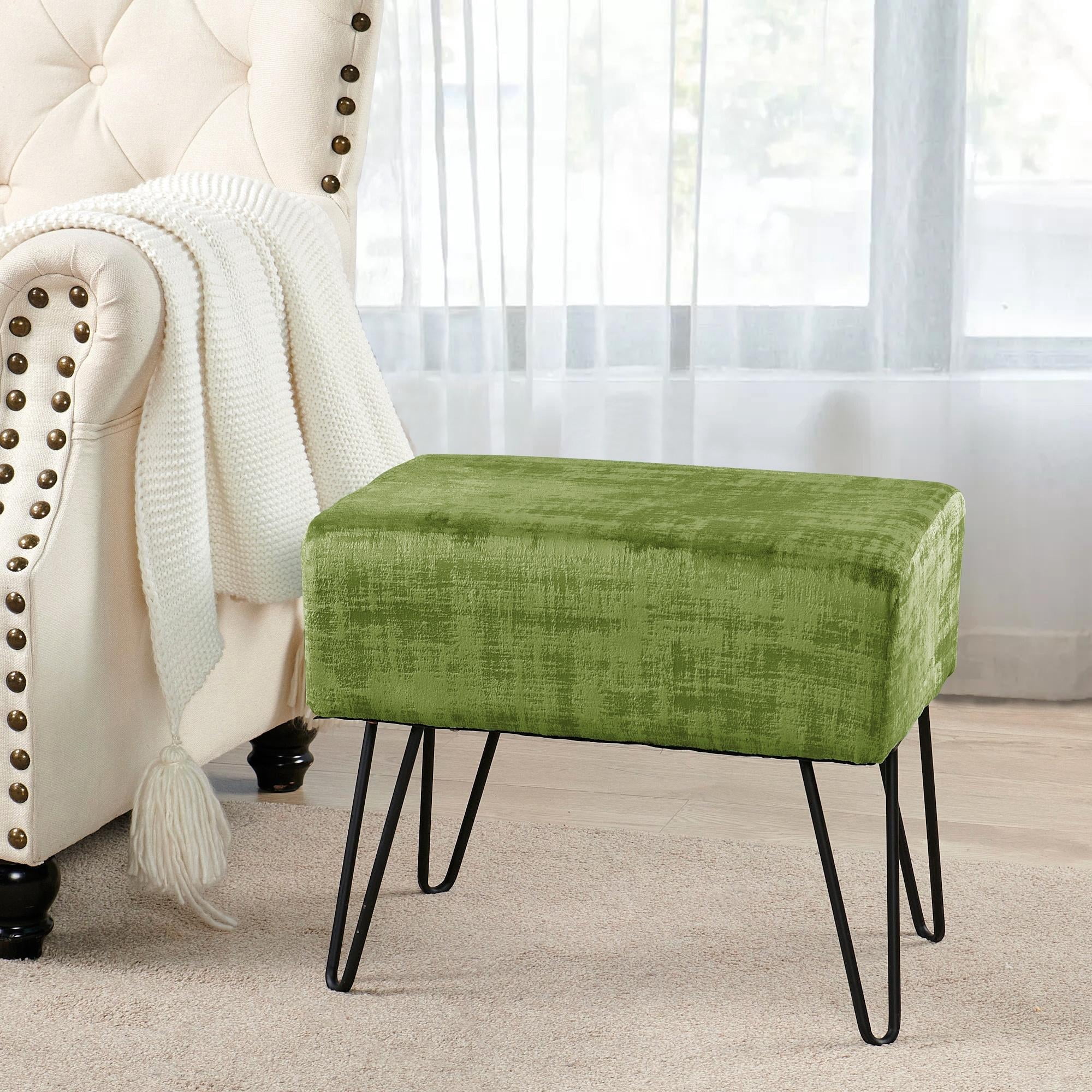 Home Soft Things Textured Velvet Ottoman Stool Chair, Upholstered Footrest with Black Metal Legs, Calla Green, 19" x 13" x 17"