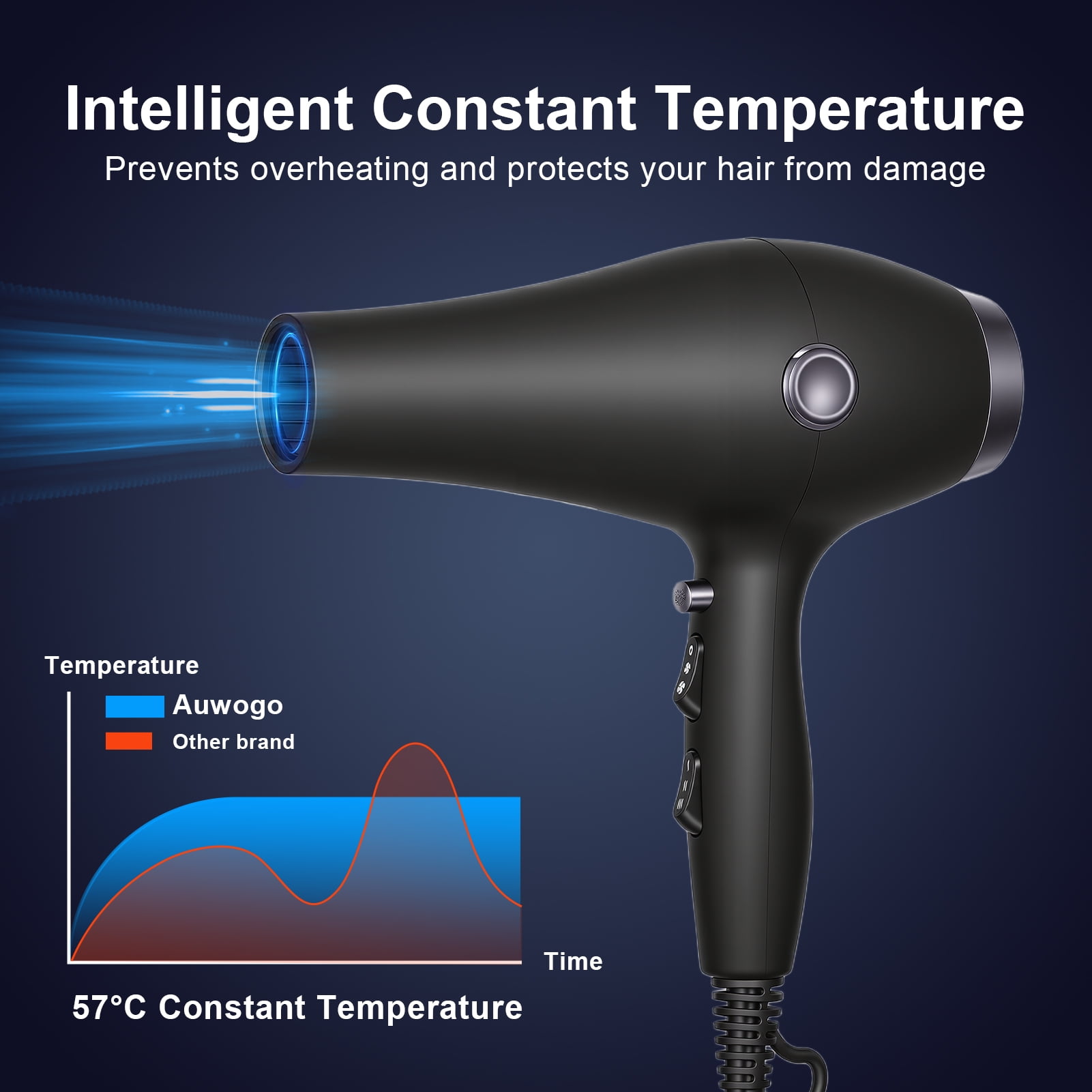 1800W High Power Hair Dryer with Diffuser & Concentrator, Adjustable Heat & Speed, Low Noise Blow Dryer for Home & Salon