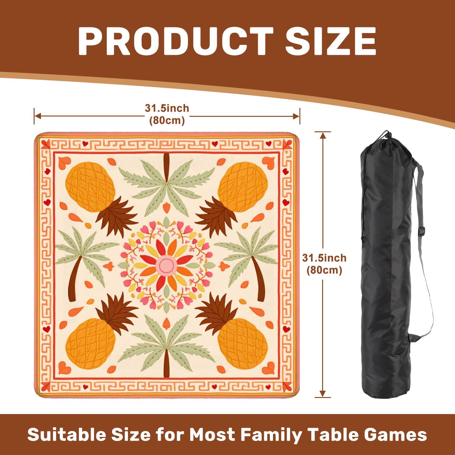 Mahjong Mat 31.5" x 31.5" Tropical Pineapple Palm Leaf Vibrant Floral Mandala Design Non-Slip Noise Reduction American Mahjong Tiles Table Cover for Dominoes Poker Card Board Games Gift