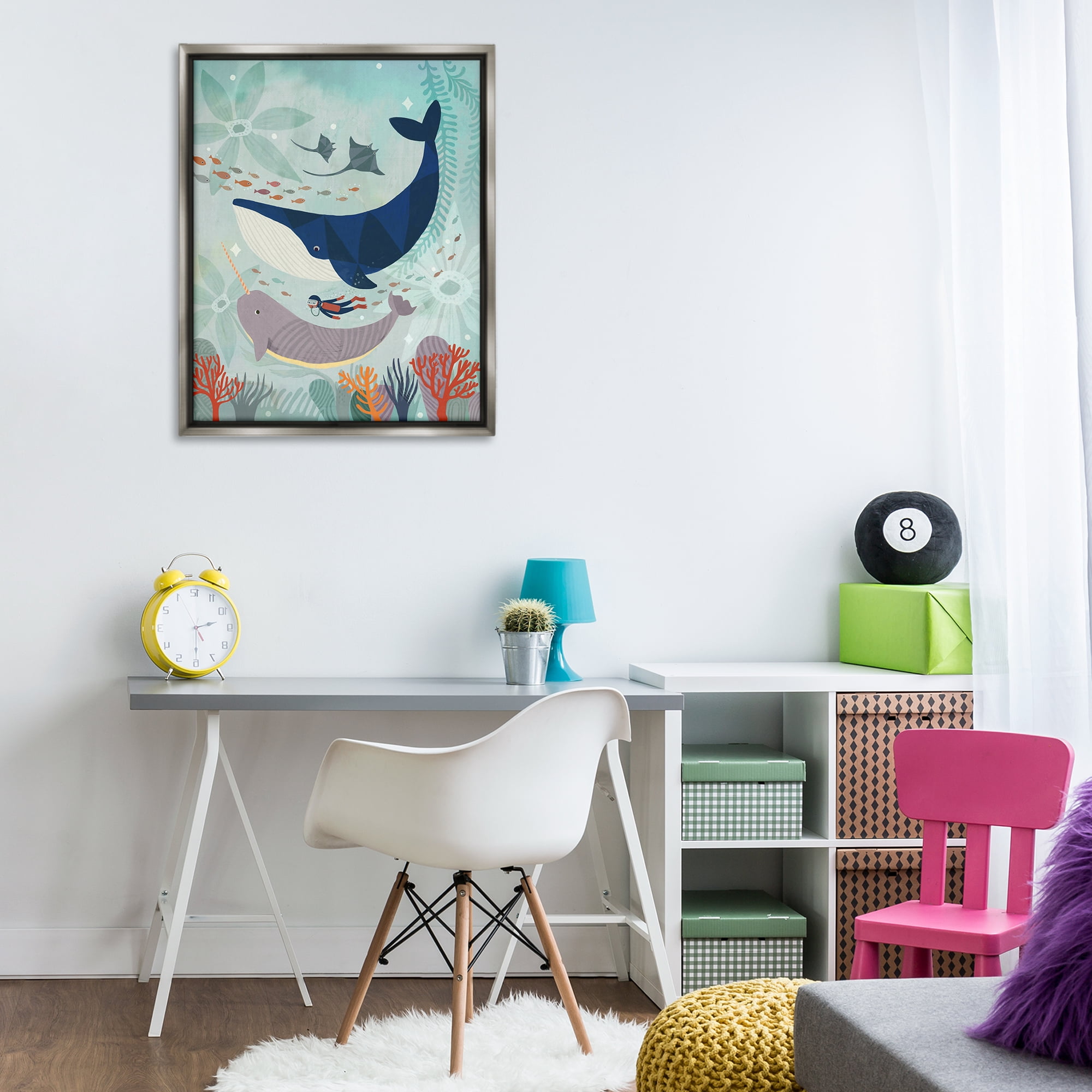 Stupell Industries Scuba Diver Among Whales Nautical & Beach Painting Gray Floater Framed Canvas Art Print Wall Art, 25 x 31