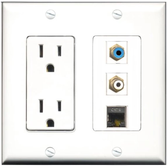 RiteAV - 15 Amp Power Outlet 1 Port RCA White 1 Port RCA Blue 1 Port Shielded Cat6 Ethernet Ethernet Decorative Wall Plate