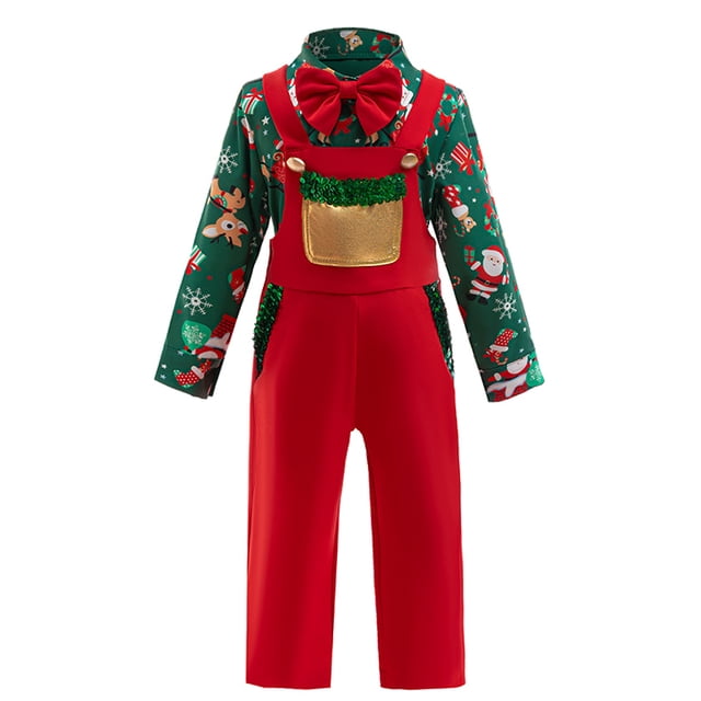 conjunto de ropa con estampado de papá noel para niños, camisa de manga larga verde con motivos navideños y mono rojo con tirantes, bolsillo dorado y pajarita roja; para ocasión formal, fiesta de Navidad o ceremonia de gala, también apto como traje temático para sesiones fotográficas familiares.