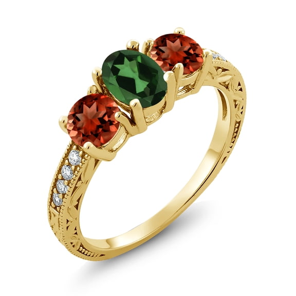 Gem Stone King 2.92 Ct Emerald Envy Mystic Topaz Red Garnet 18K Yellow Gold Plated Silver Moissanite Ring (Size 7)