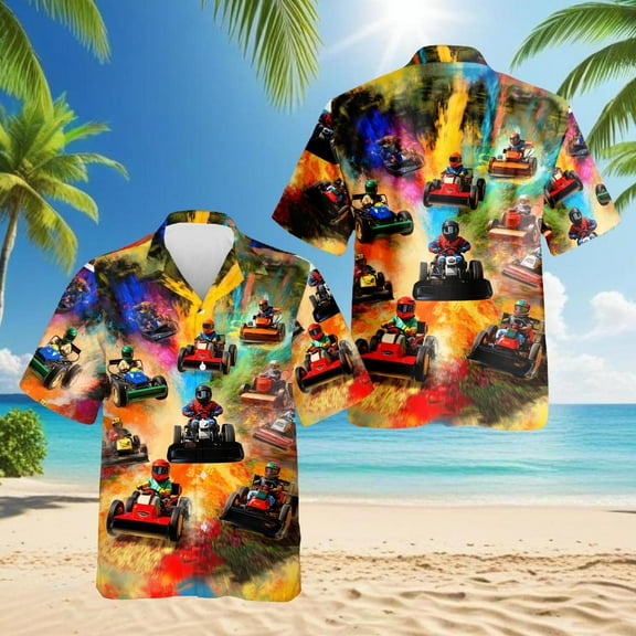 Lawn Mower Racing Hawaiian Shirt for Men, Tropical Style, Button Down Summer Beach Short Sleeve, S-5XL