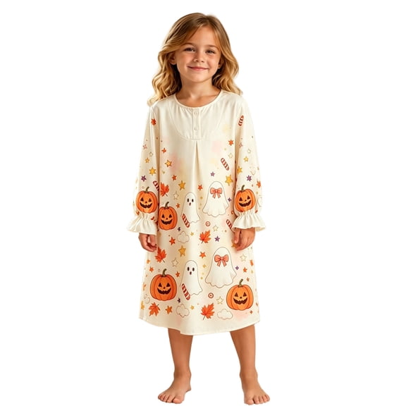 ZHOGXU Casual Halloween Themed Long Sleeve O Neck Robe Pumpkin Printed Ruffle Sleeve Kids Girls Loungewear Bedtime Comfortable
