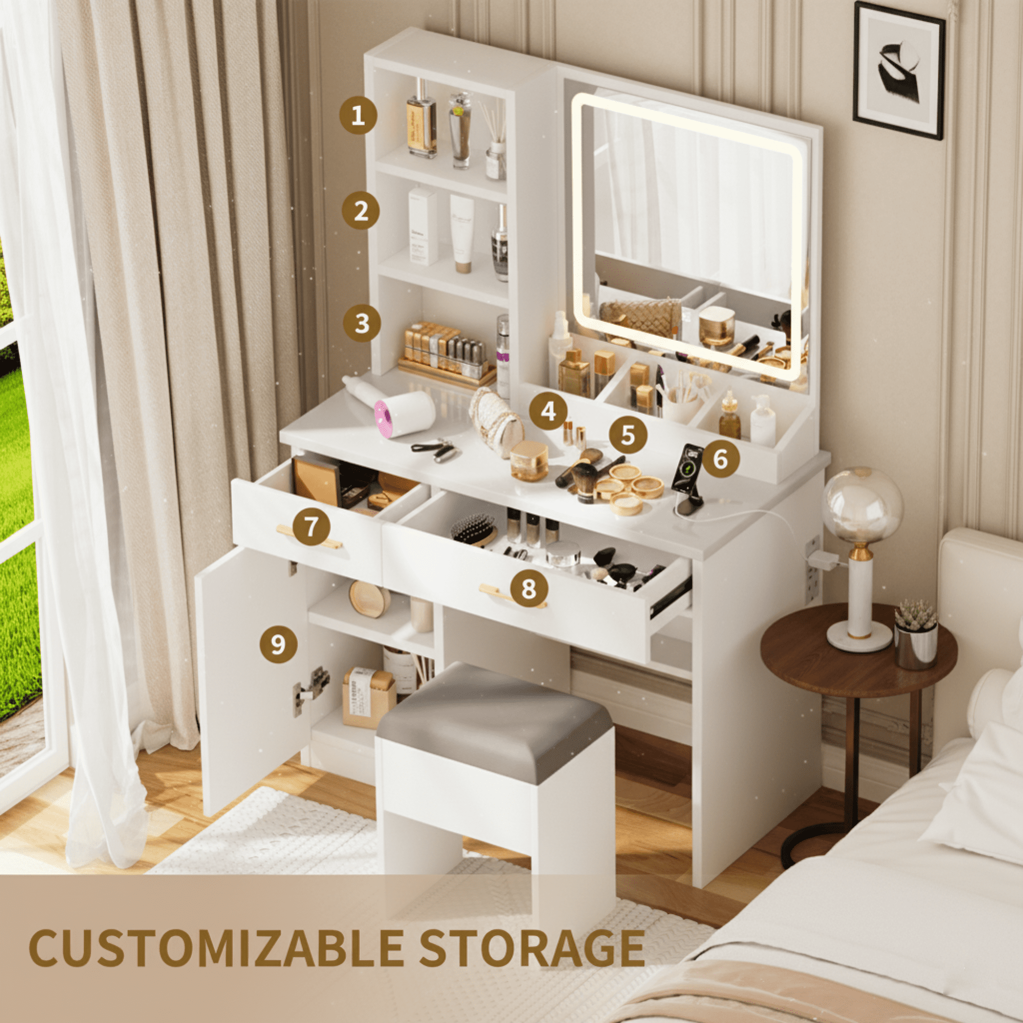32" White Vanity Desk Set with Mirror and Lights, Makeup Table Dressing Table with with Large Storage Space and Cushioned Stool for Bedroom