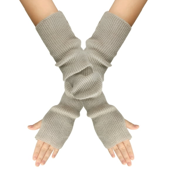 TELOLY Plus size Women Winter Wrist Arm Warmer Solid Knitted Long Fingerless Gloves Mitten Gray One Size