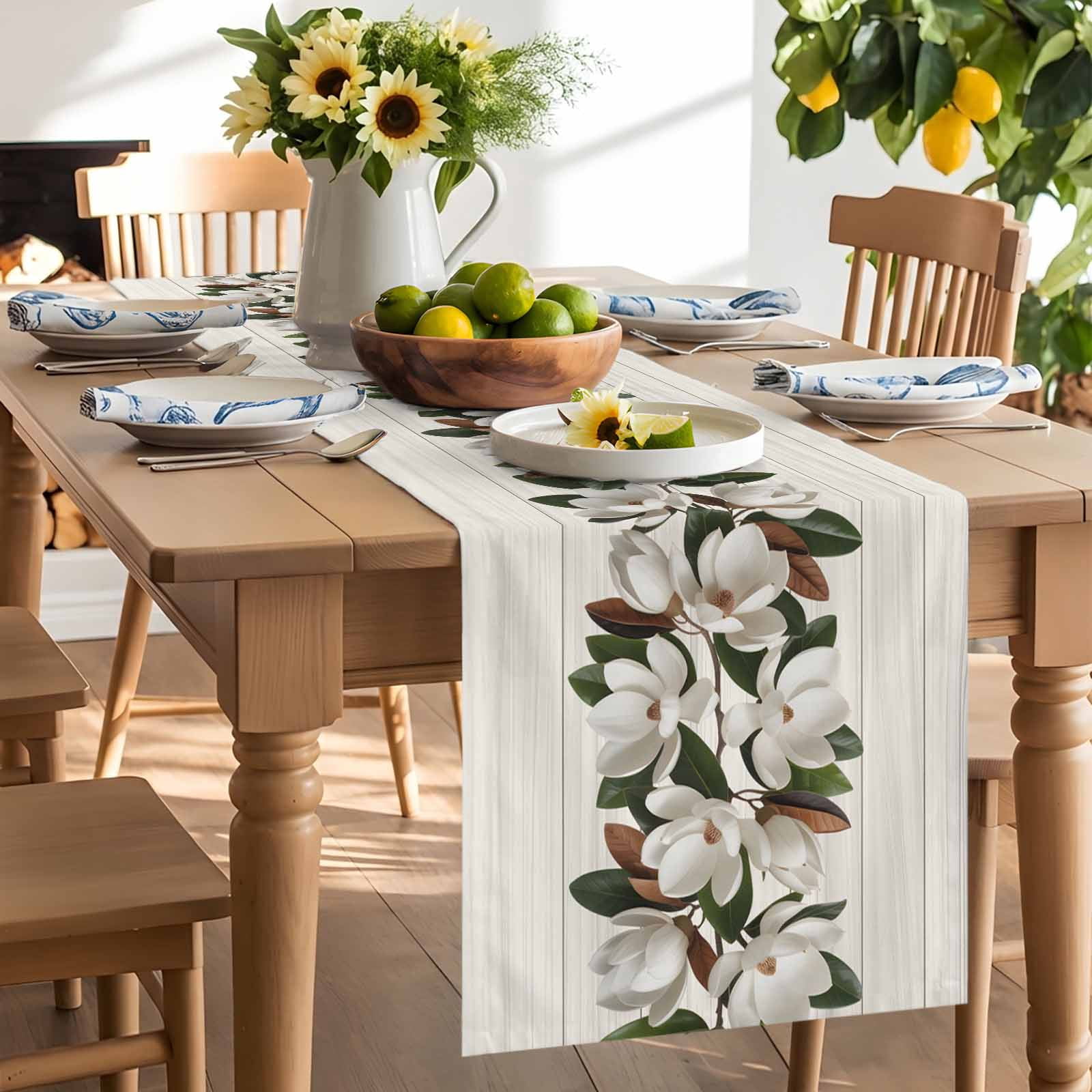 Magnolia Plant Flower Table Runner 90 Inches Long, Farm Vintage Wood Grain Table Runners Tabletop Scarf Kitchen Dining Tables Decoration for Home Party Indoor Outdoor