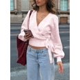 thumbnail image 6 of Women'S V Neck Wrap Sweater Long Lantern Sleeve Cinched Waist Crop Tops Fall Knitwear Pink XL, 6 of 8