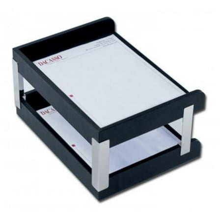 Dacasso  Leather Double Side-Load Letter Trays with Silver Posts - Black