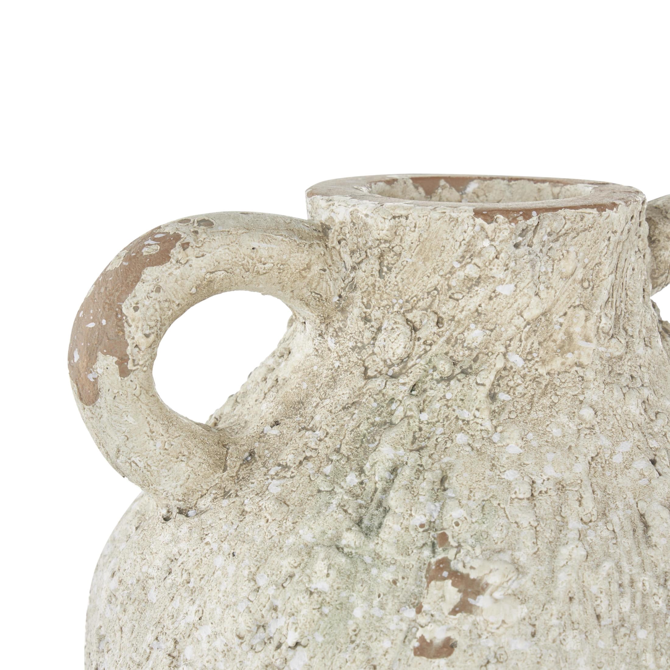 DecMode 15" Antique Textured Amphora Cream Magnesium Oxide Vase with 2 Small Handles