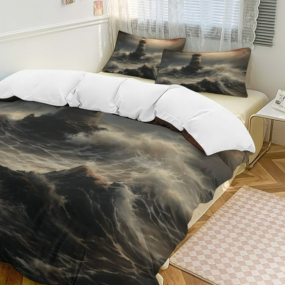 Lighthouse Sunrise Coast Scenery Pale Blue Tan 3D Duvet Cover Set Quilt Cover Theme of Kid Boy Girl for Bedroom Decoration