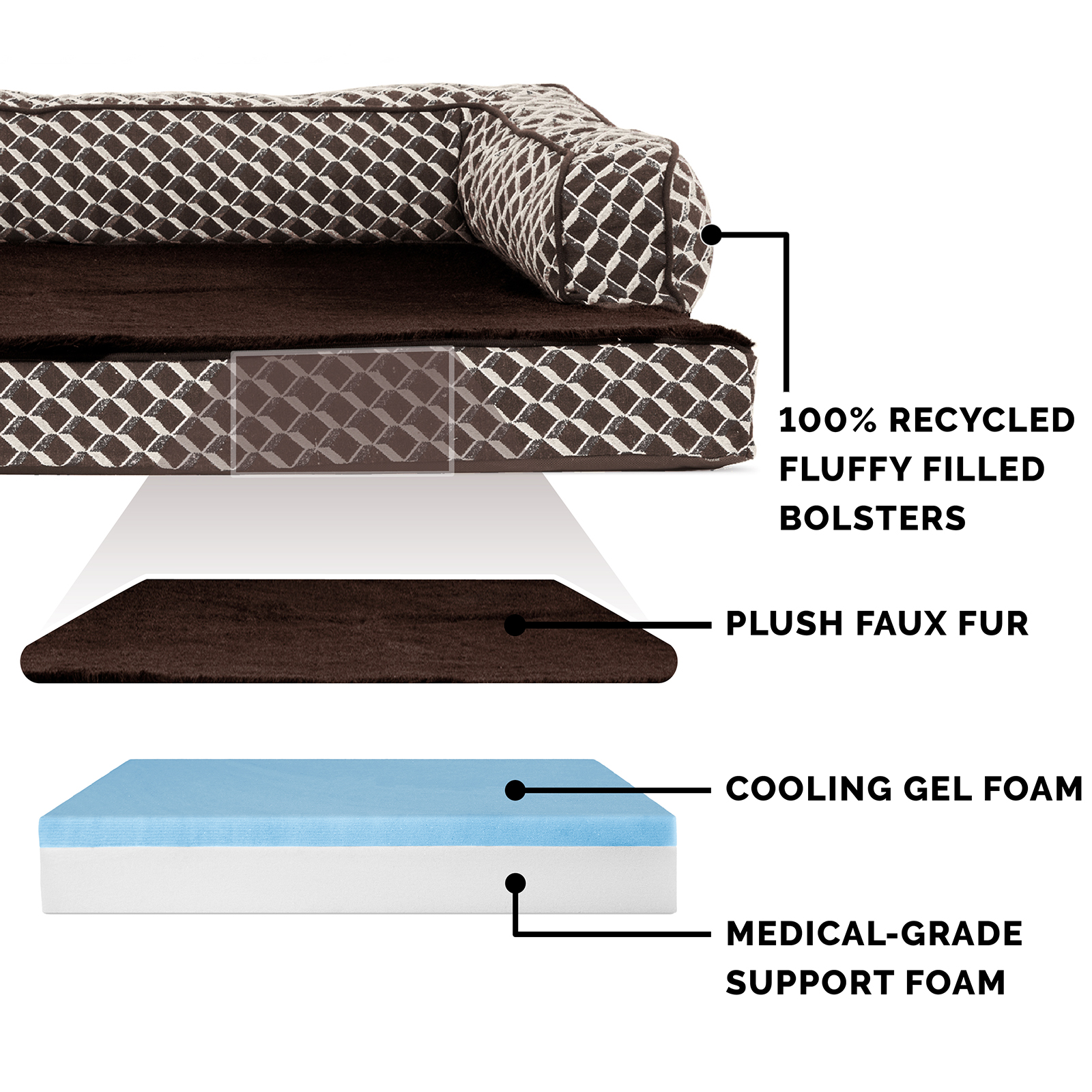 FurHaven Pet Products Plush & Decor Comfy Couch Cooling Gel Top Short Sided Sofa Pet Bed for Dogs & Cats - Diamond Brown, Jumbo Plus