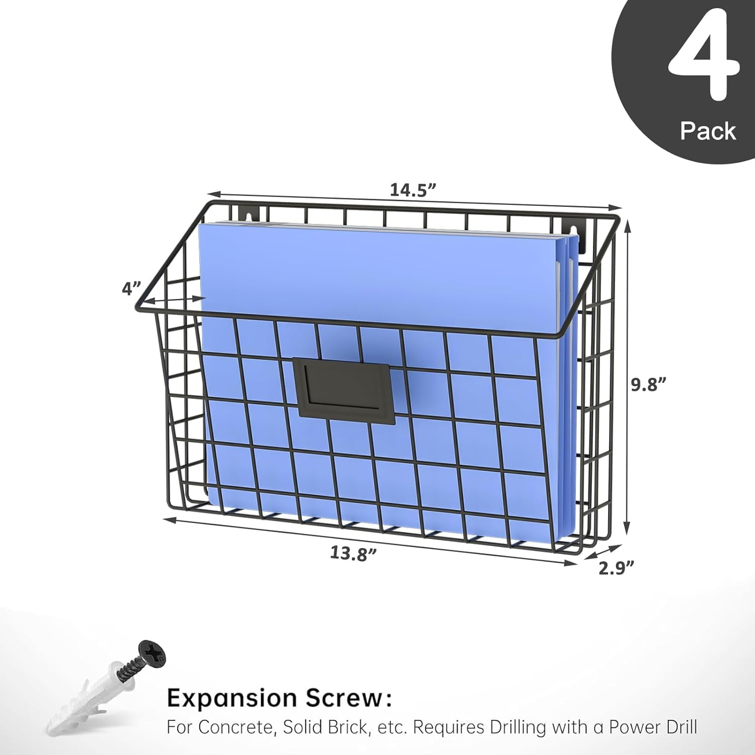X-COSRACK 4-Tier Wall File Organizer, Detachable Metal Hanging Document Holder & Mail Sorter with Label Slots, Black