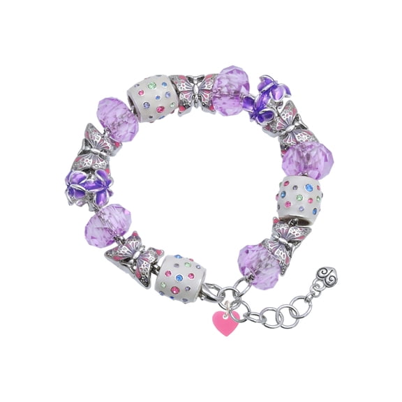 Delight Jewelry Acrylic 5/16" Hot Pink Heart Purple Butterfly Bead Charm Bracelet, 7" 1" Extender
