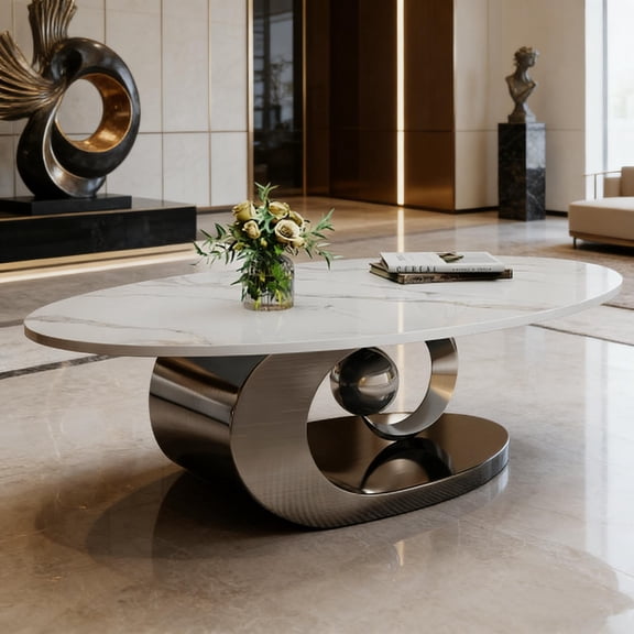 Contemporary Sintered Stone Coffee Table with Stainless Steel Base, Faux Marble Finish, Modern Living Room Center Table with Durable Construction