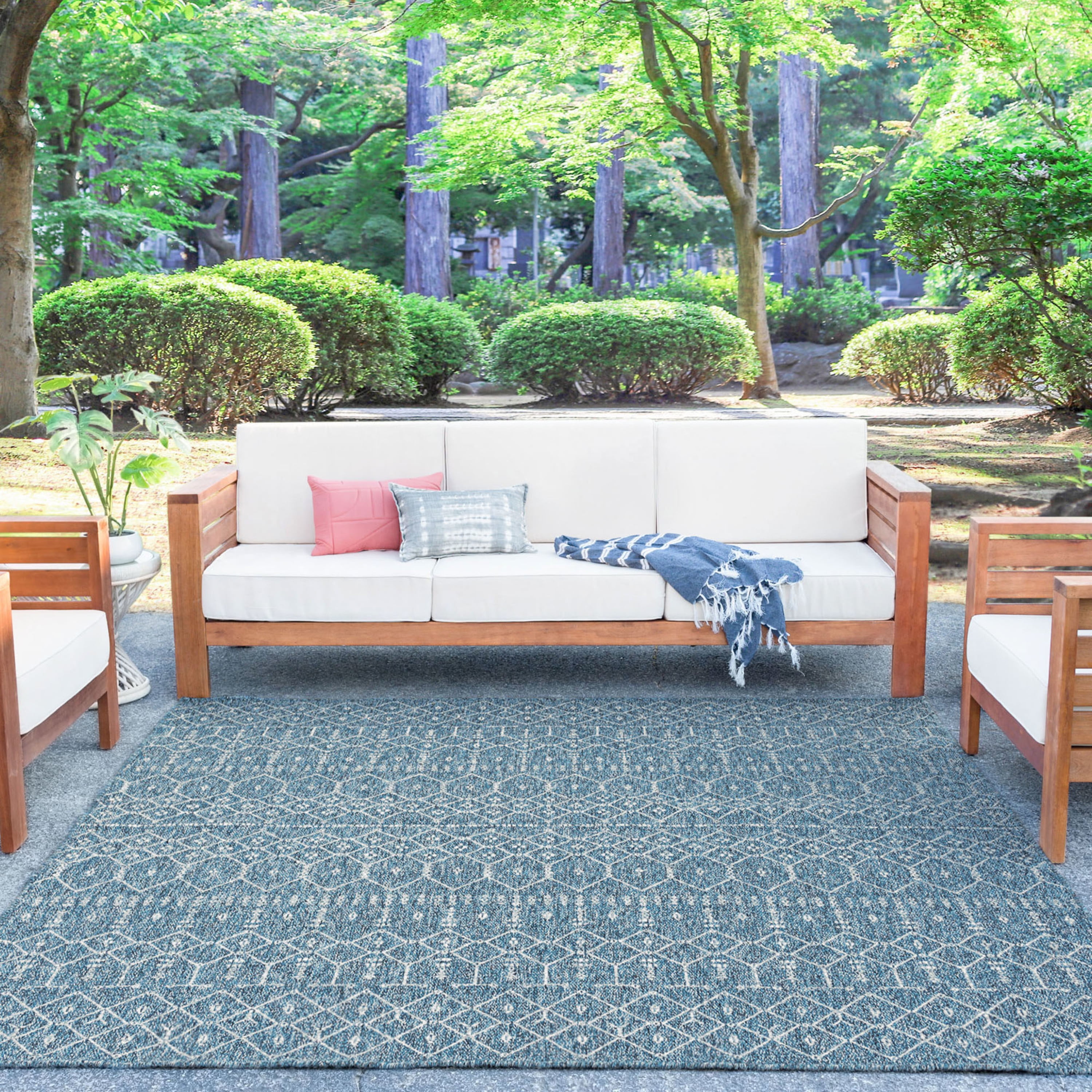 Modern Area Rug (5'1'' Square) Solid Denim, Blue Indoor Outdoor Square
