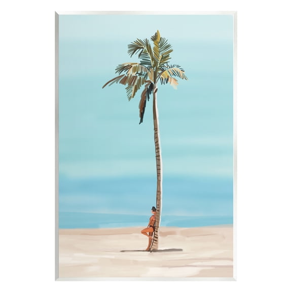 Stupell Industries Girl Leaning On Palm Tree Coastal Painting Unframed Art Print Wall Art