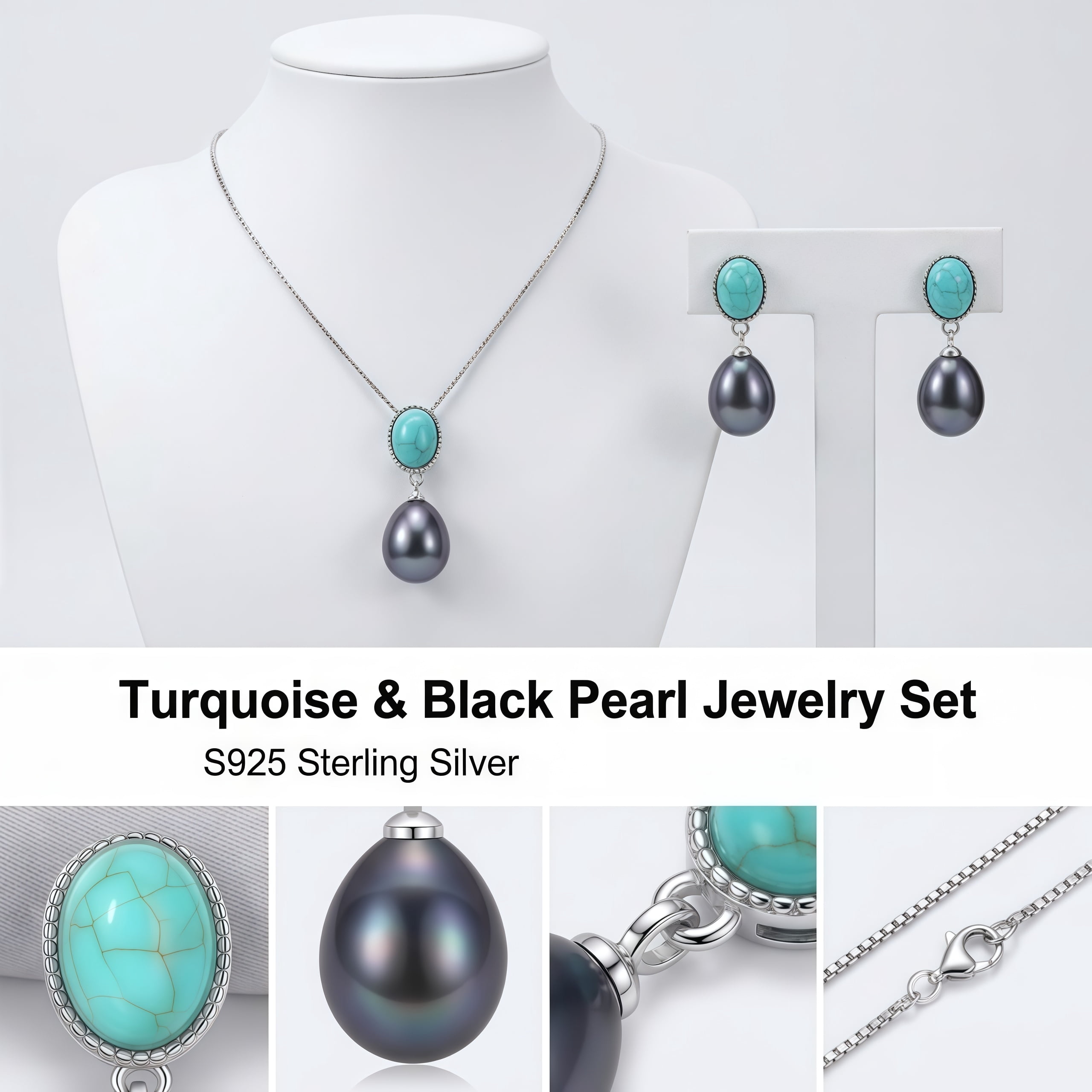 BAMIKI 9-10mm Black Pearl Necklace and 8-9mm Earrings Set 925 Sterling Silver Jewelry Gift for Women