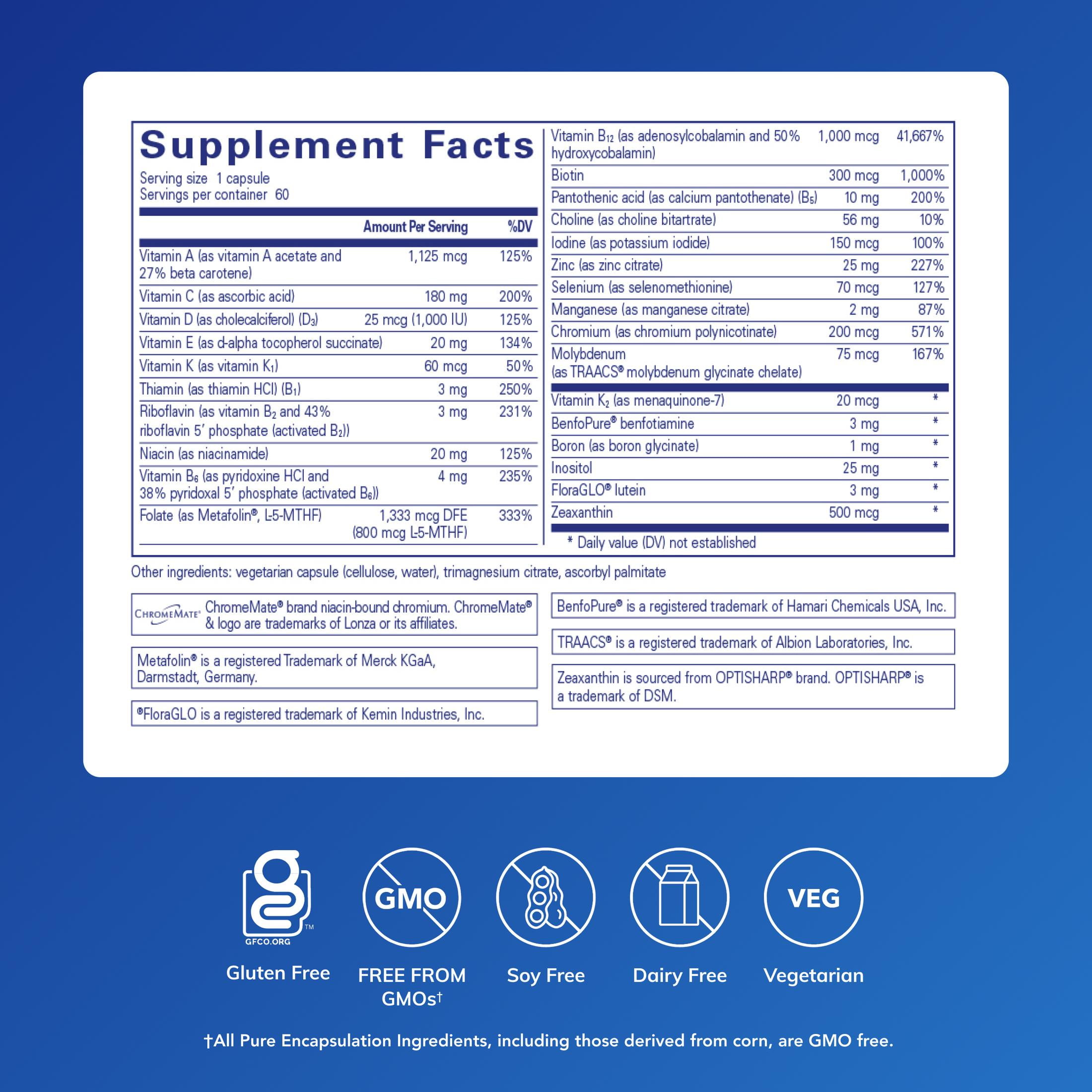 Pure Encapsulations PureGenomics Multivitamin - Supplement to Support Nutrient Requirements of Common Genetic Variations* - With Vitamin A,B,C,D,E, K & Minerals - 60 Capsules