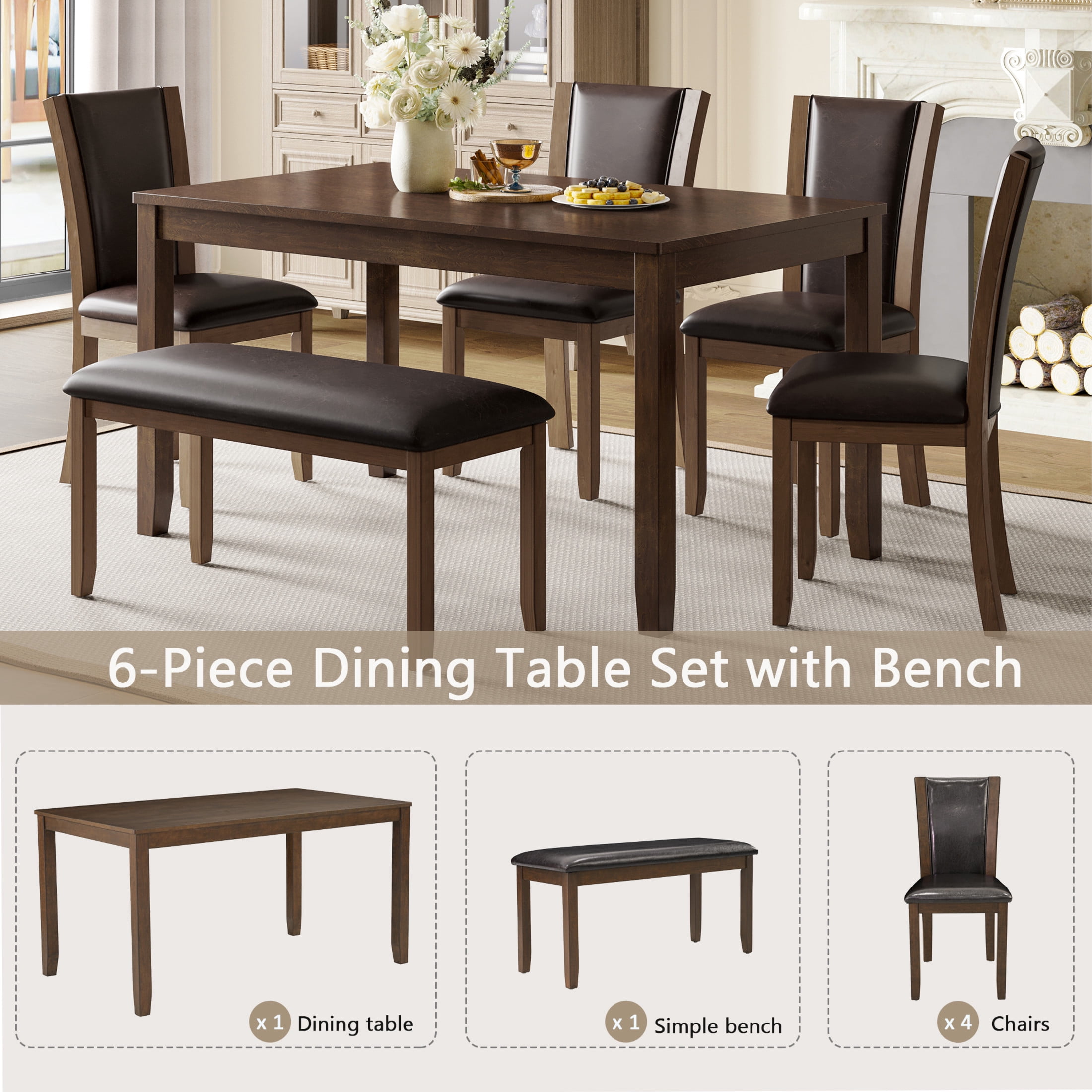 Noble House Farmhouse Dining Table Set for 6 with Bench and Leather Upholstered Chairs, Wood Frame, Dark Walnut