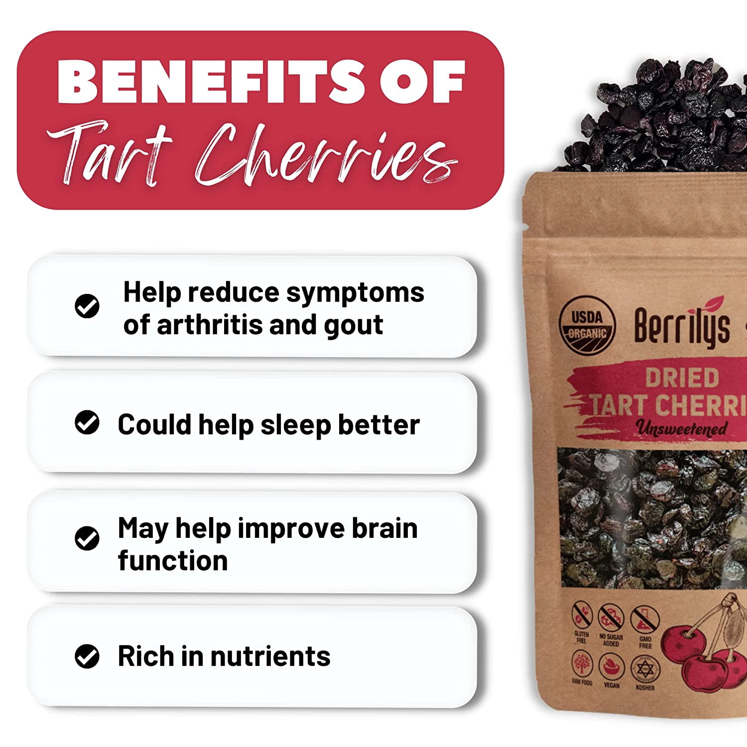 Berrilys Organic Dried Tart Cherries, 1 lb, Unsweetened, Pitted, Non-GMO, Kosher, Unsulfured, No Added Sugar