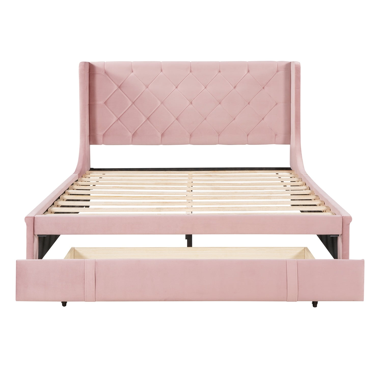 Kadyn Upholstered Platform Bed Frame with Wingback Headboard / Mattress Foundation / Wood Slat Support / No Box Spring Needed / Easy Assembly, Queen&Pink