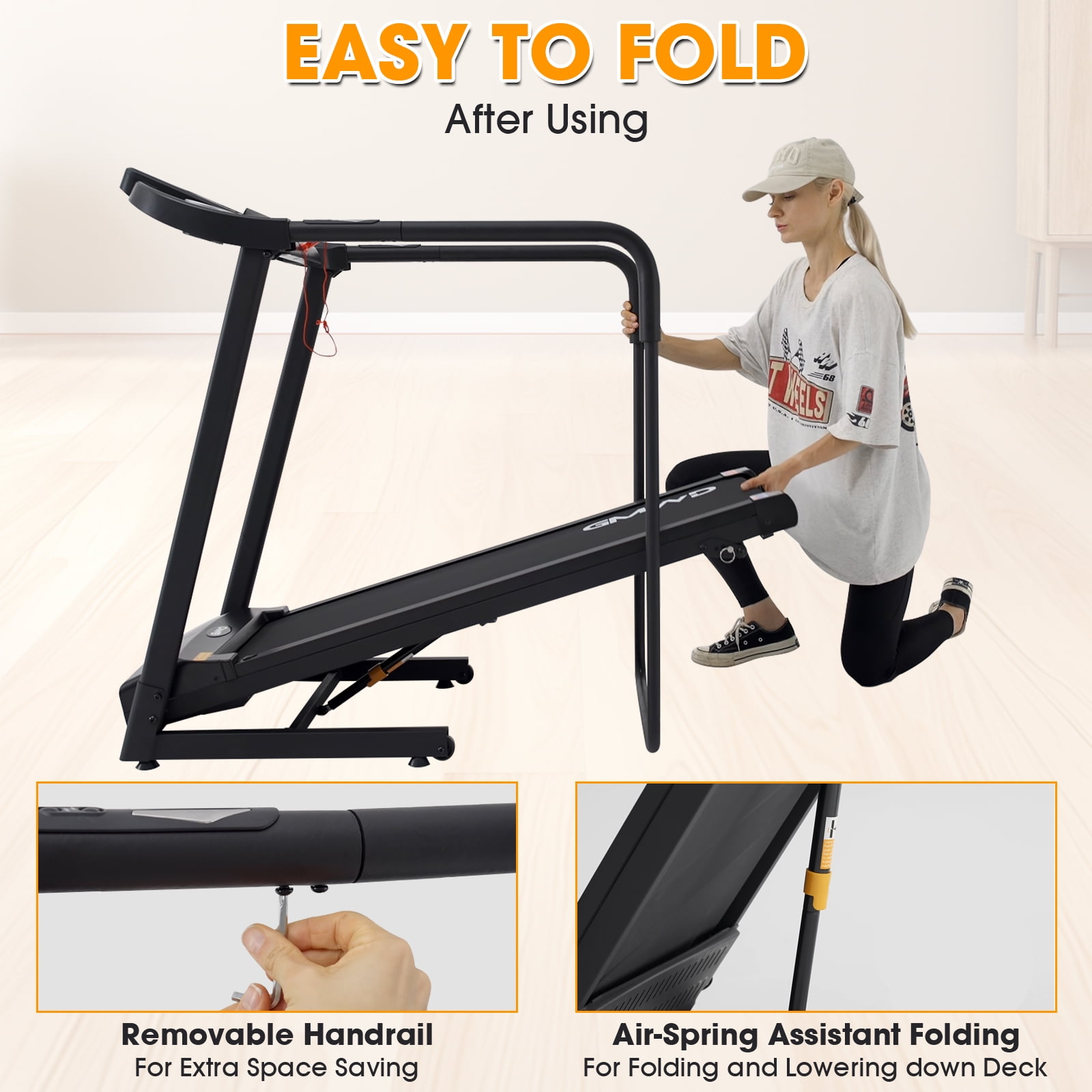 Syedee Walking Treadmill with Long Handrail, Recovery Walking Machine with Heart Monitor & Safety Locker, Foldable Jogging Machine with LCD Display Screen