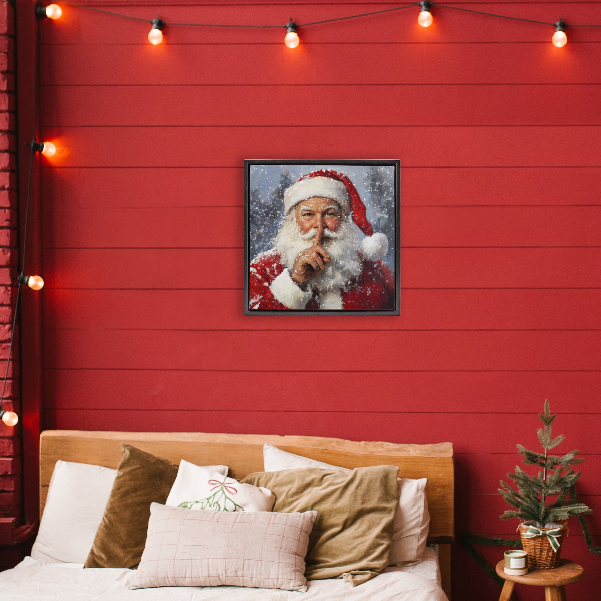 Secret Santa Shh Black Framed Floater Canvas Wall Art, design by Petal Prints Design
