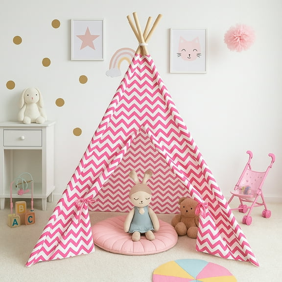 Modern Home Children’s Indoor Teepee Play Tent – Brown with White Polka Dots, Foldable Canvas Tent with Wooden Poles for Kids' Room or Play Area (Pink Chevron)