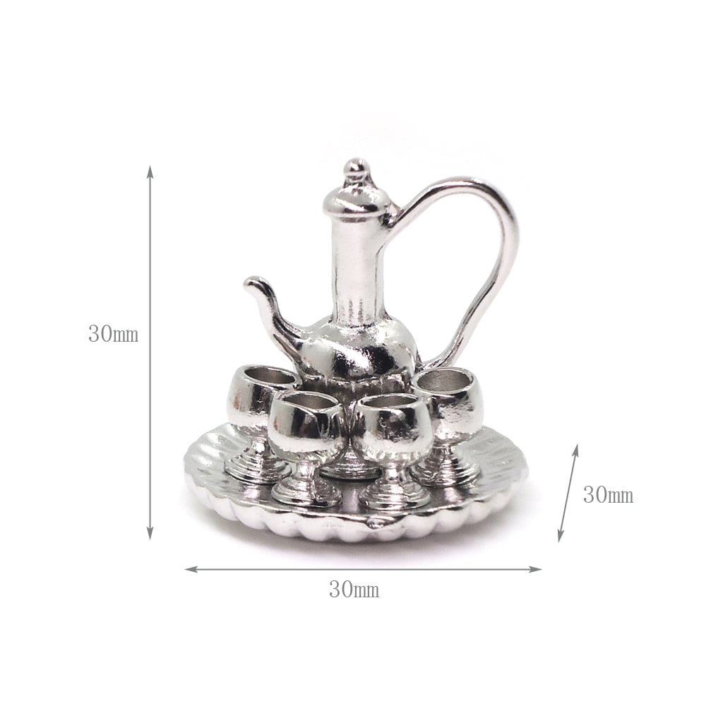 1/12 Dollhouse Miniatures 6pcs Silver Metal Kitchen Coffee Tea Pot Tray Set 