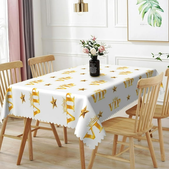 60x84inches White Gold Tablecloth Luxury Golden VIP Crown Stars Rectangle Table Cover Waterproof Spill Proof Fabric Table Cloth for Kitchen Dining Birthday Graduation Event Party Decorations