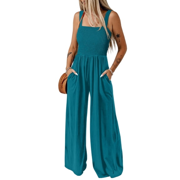 Women's Peacock Blue Smocked Jumpsuit – Square Neck Sleeveless One-Piece with Pockets, Casual Summer Outfit, US 20-22