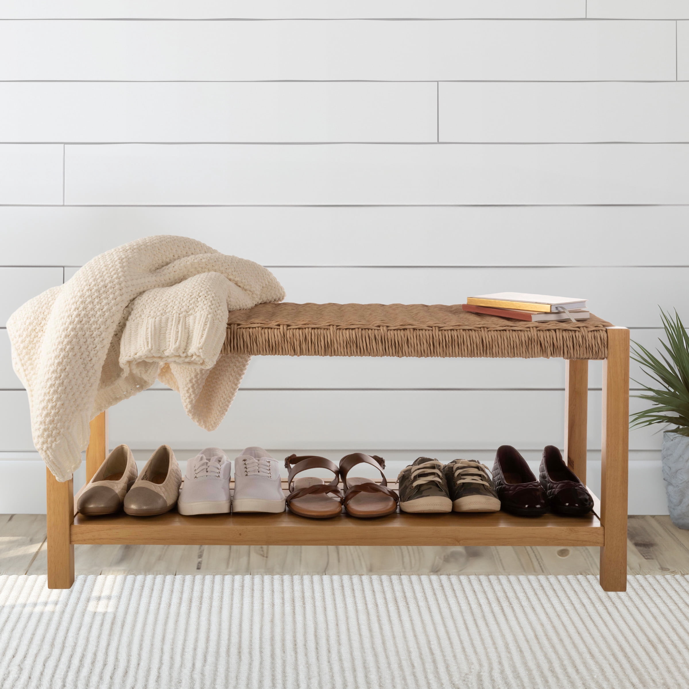 Alaterre Furniture Newport 40 in. Wood Bench with Rush Seat and Storage Shelf for Entryway or Bedroom, Natural