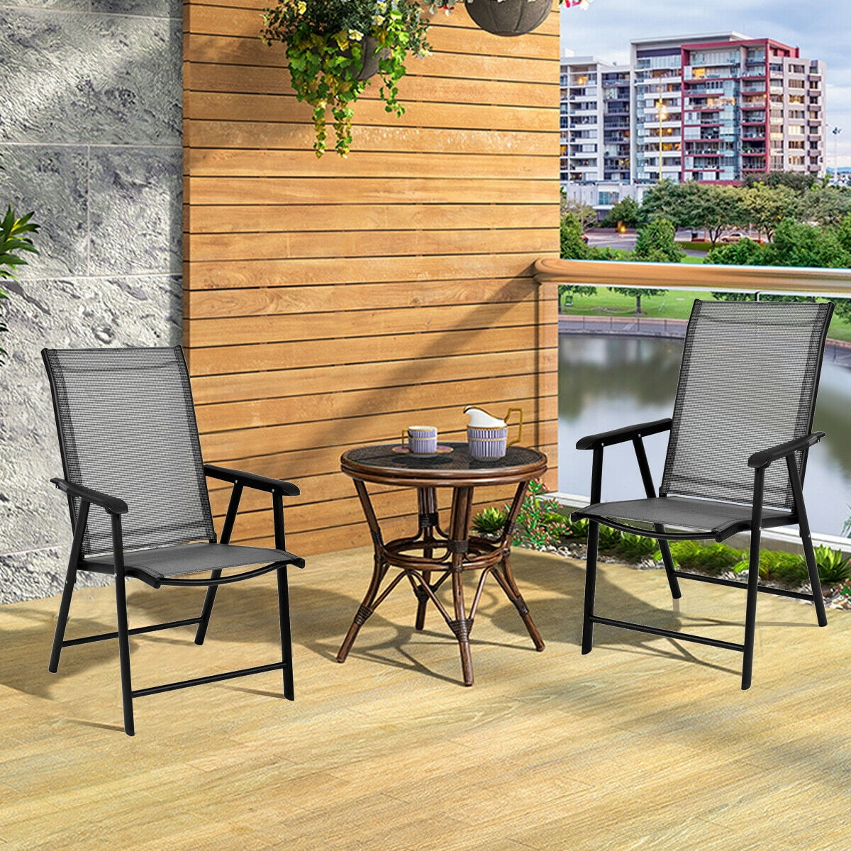 Gymax 2PCS Folding Chairs Steel Frame Patio Garden Outdoor w/ Armrest & Footrest