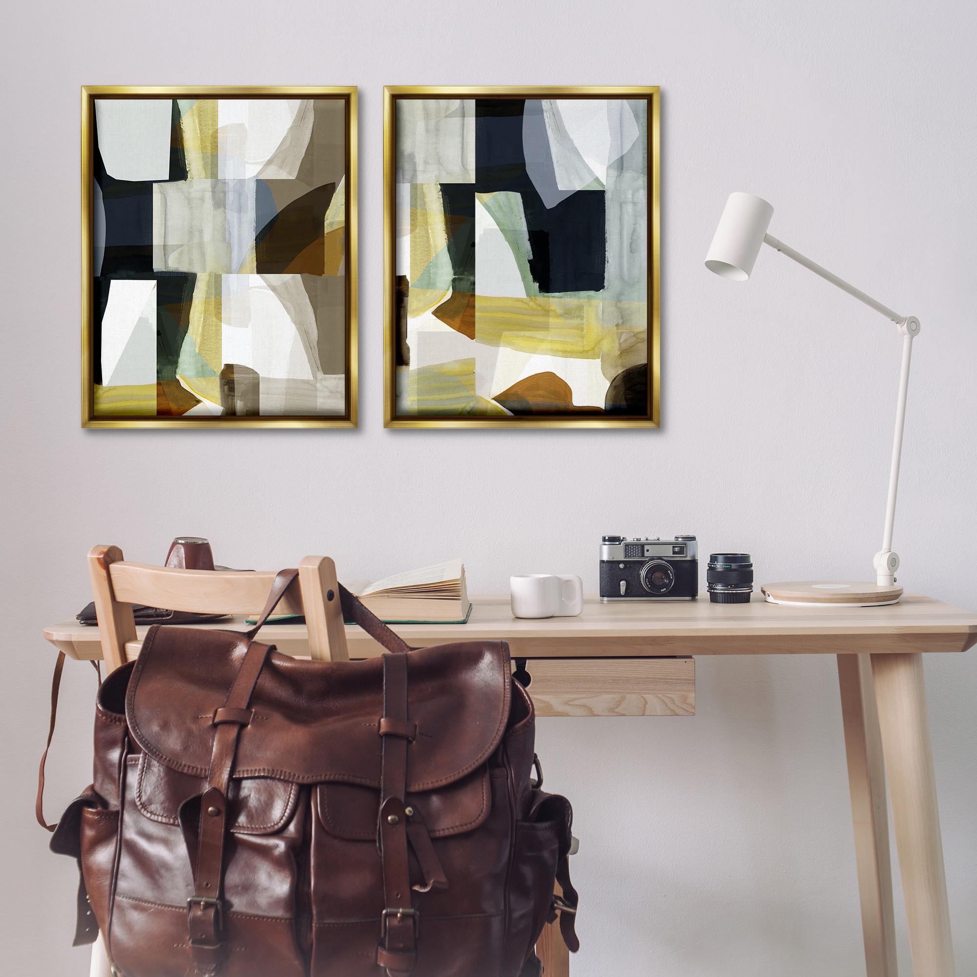 Stupell Industries Geometric Desert Motif Abstract Painting Gold Floater Framed Canvas Art Print Wall Art, 31 x 25, Set of 2