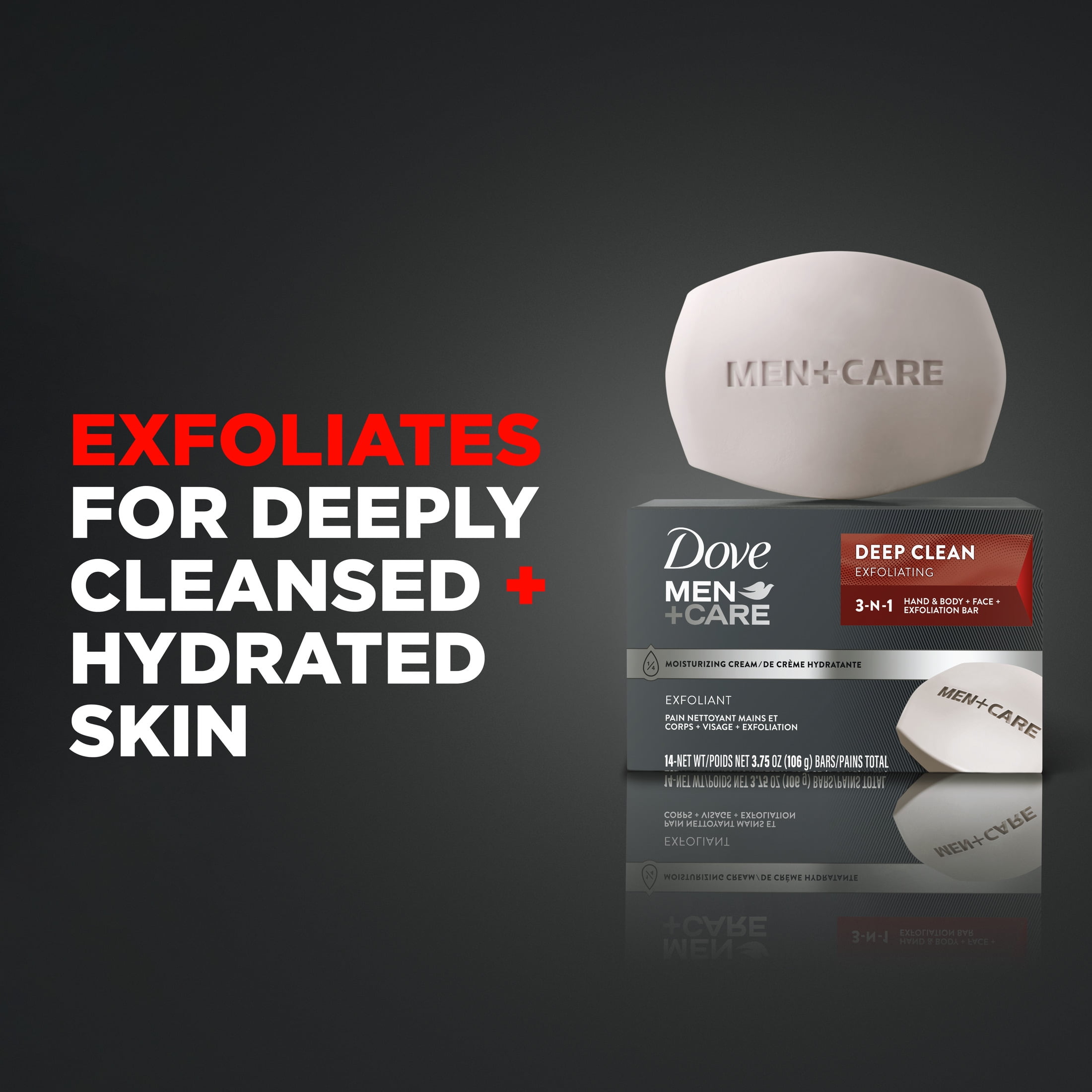 (4 pack) Dove Men+Care 3-in-1 Hand & Body + Face + Exfoliation Bar for Dry Skin, Deep Clean, 3.75 oz (12 Bars)