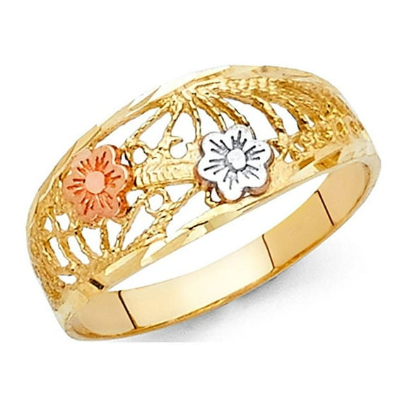 Flower Ring 14k Yellow White Rose Gold Tapered Band Filigree Design Polished Solid Tri Color 8MM Size 7