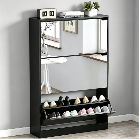 Shoe Cabinet with 3-Flip Mirror Drawers, Freestanding Shoe Rack Organizer with Hidden Handle, Slim Narrow Shoe Storage Cabinet for Entryway, Entrance, Hallway, Bedroom