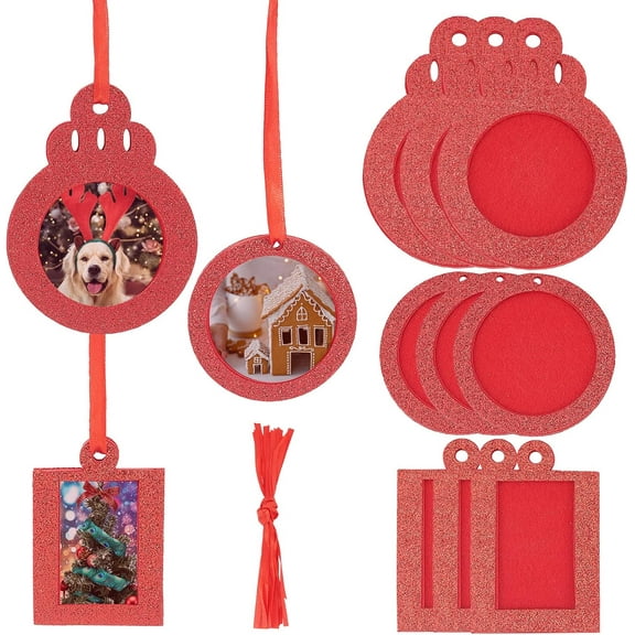 18 Pieces 3 Styles Christmas Photo Frame Ornaments Red Rectangle Round Glitter Holiday Picture Frame with Ribbon Felt Christmas Tree Hanging Decoration for DIY Home Christmas Party Decor