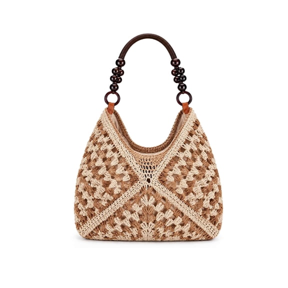PULLIMORE Women's Slouchy Hobo Bag Straw Shoulder Purses Bag with Zipper Ladies Bohemian Top Handle Handbag