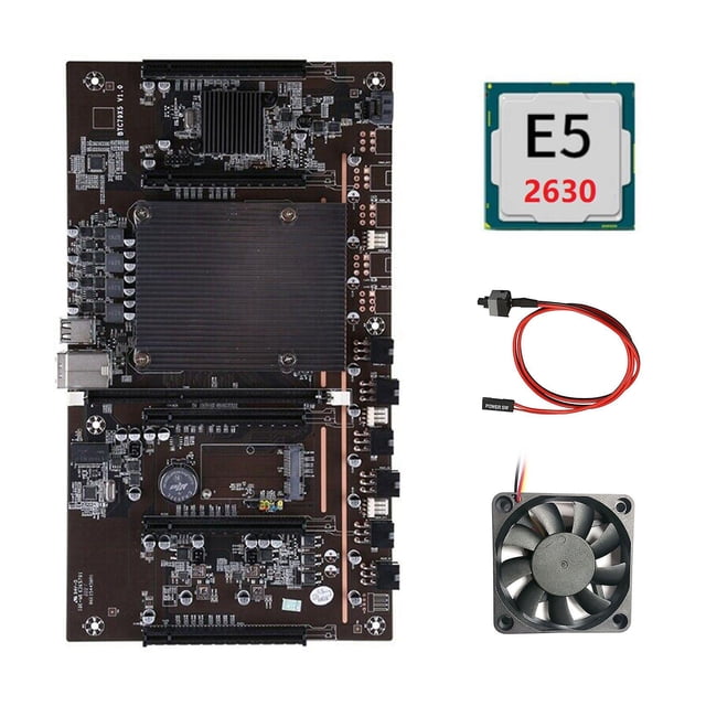 Placa base para minería BTCX79 H61 con CPU E5 2630 + ventilador + cable de interruptor, compatible con DDR3, gráficos 3060, 3070 y 3080, color negro