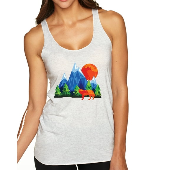 Wild Bobby, Neon Colorful California Bear Sunset Cali Redwoods | Womens Fashion Premium Tri-Blend Racerback Tank Top, Heather White, Small