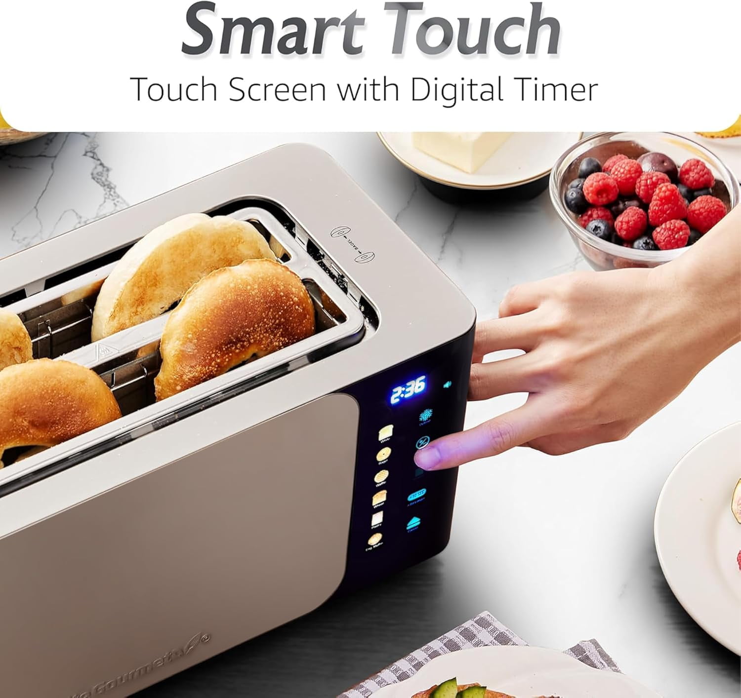 Digital Long Slot 4 Slice Toaster, 1.5” Wide Slots for Thick Breads & Bagel Function, LED Touch Screen, Countdown Timer, 6 Shades, Stainless Steel