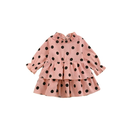 

Autumn Kids Casual Layered Dress Color Dots Print Pattern Long Sleeve Round Collar Skirt for Girls