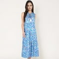 thumbnail image 6 of Women's Sleeveless Tiered Maxi Dress with Vibrant Abstract Print and Tassel Tie Detail- Blue,Medium, 6 of 7