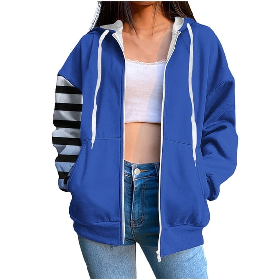 Quinlirra Women's Fashion Hoodies & Sweatshirts Petite Women's Stripe Pockets Zipper Long Sleeved Regular Top Hooded Sweatshirts Coat Outwear