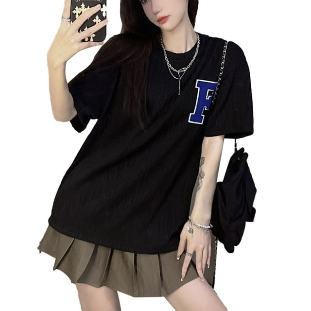 Las mujeres de manga corta Top cuello redondo carta bordado elegante versátil suelta verano media manga camiseta